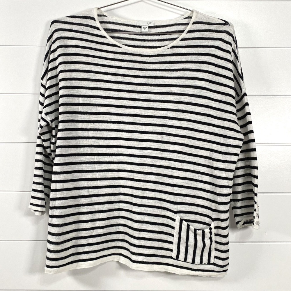 J Jill Sweater Womens Medium Black White Striped Linen Cotton 3/4 Sleeve Pocket